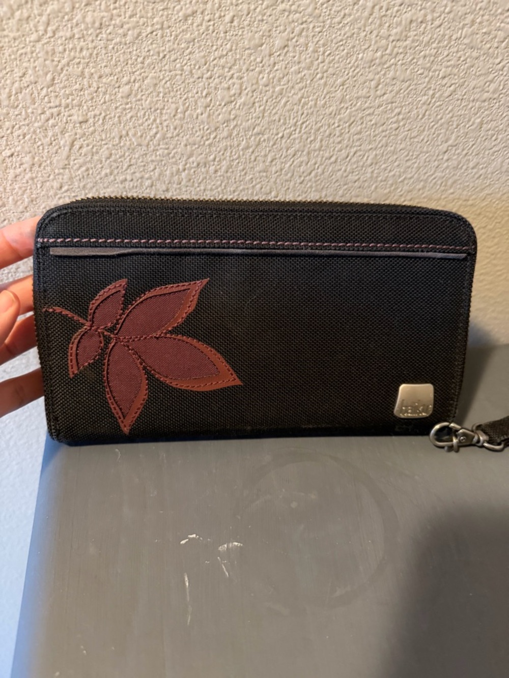 Haiku Black Zip Wallet with Maroon Interior